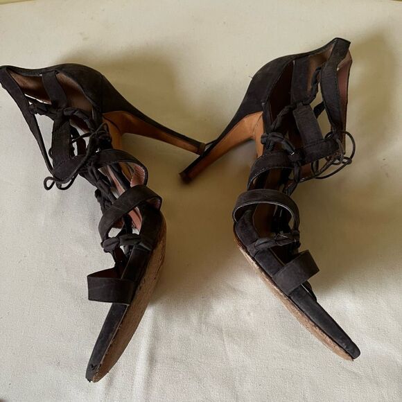 Sigerson‎ Morrison Strappy Lace Up Stiletto Heels Size 10 Dark Brown Suede - Picture 7 of 10